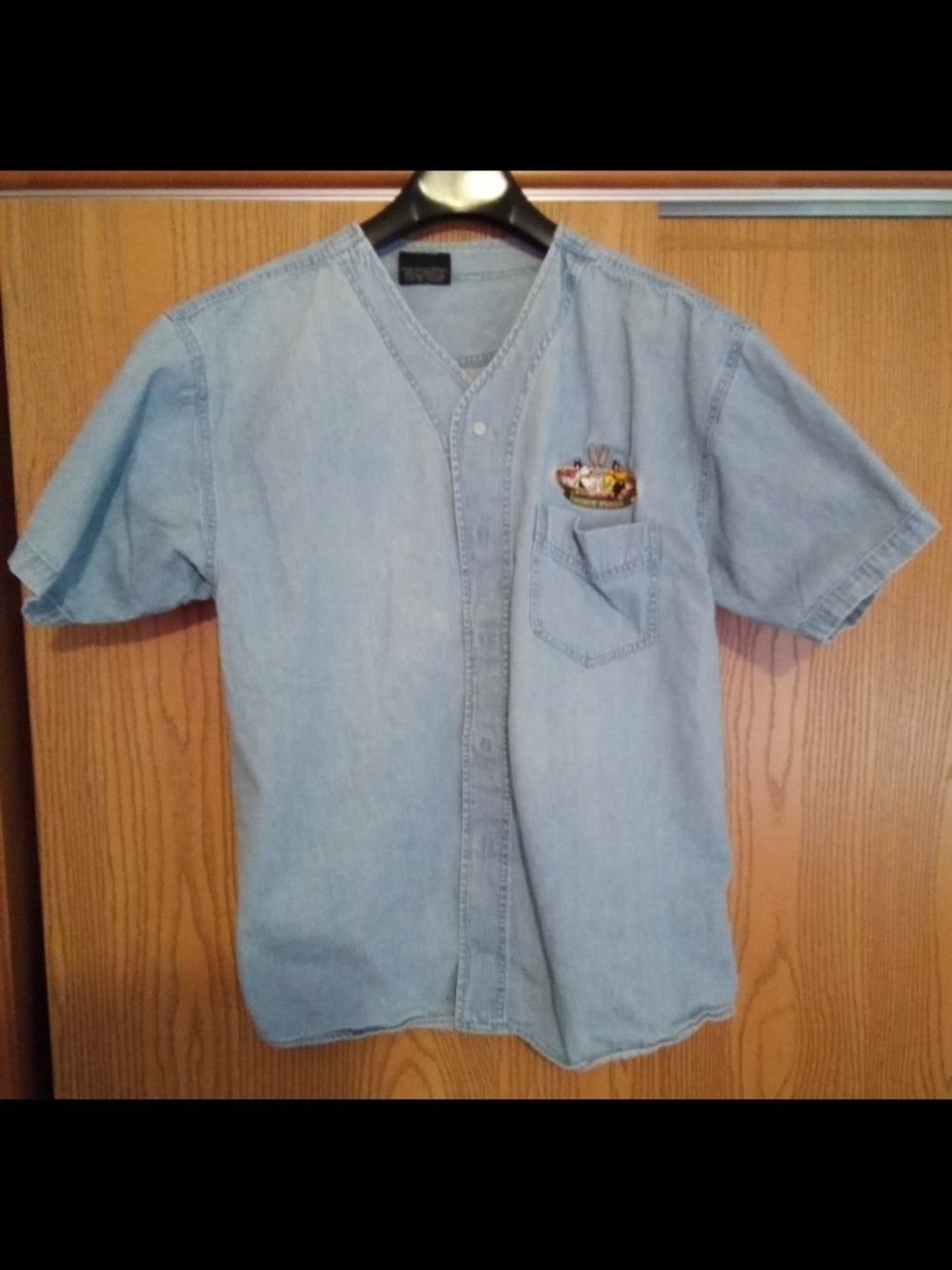 Light Blue Denim Short-Sleeve Shirt with Chest Pocket